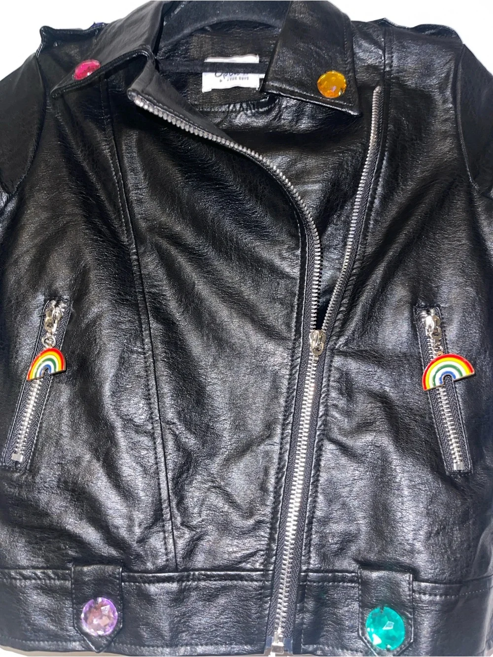 Lola + The Boys Black Faux Leather Moto Jacket with Colorful Gem Accents